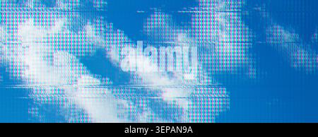 Cyberpunk neon glitch art background. Distorted sky with chromatic aberration and pixel interference, wide banner. Stock Photo