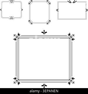 Black and white elegant frames featuring intricate floral and leaf accents provide versatile decorative elements and ornate borders for invitations, c Stock Vector