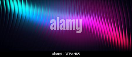 Futuristic cyberpunk background. Glowing neon blue and magenta light reflected on dark metallic corrugated texture. Stock Photo