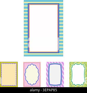 Collection of five colorful blank frames and borders in varied geometric and scalloped shapes, perfect for greetings, invitations, tags, banners, and Stock Vector