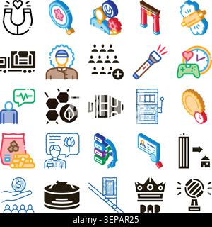 Variety of colorful isometric icons illustrating diverse business concepts, technological services, social interactions, and daily activities for web, Stock Vector