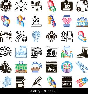 Visualizing a diverse collection of vector icons covering various themes including technology, medical, travel, food, lifestyle, and business concepts Stock Vector