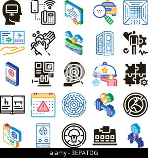 Set of various isometric and glyph icons communicating ideas related to health, business, travel, communication, technology, and management in modern Stock Vector
