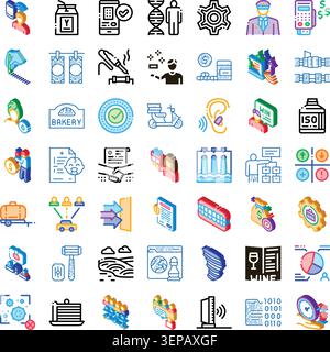 Variety of isometric and doodle style icons representing diverse concepts including finance, data, healthcare, production, delivery, design, and educa Stock Vector