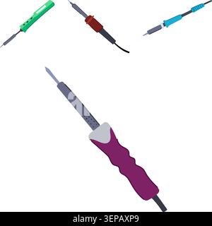Soldering irons in various designs and colors are essential tools for electronic repair, diy projects, and creating circuit board connections, highlig Stock Vector