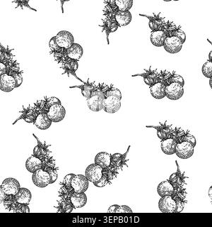 seamless pattern cherry tomatoes hand drawn vector. red small, fresh organic, branch vegetable, food green top view, half above, agriculture healthy c Stock Vector