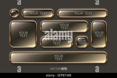 Elegant glossy glass buttons and banners with golden borders on a dark background. Perfect for UI design, web templates, and modern interfaces. Vector illustration Stock Vector