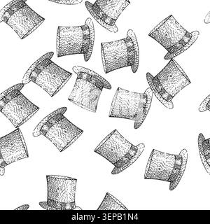seamless pattern style top hat hand drawn. accessory formal, classic vintage, gentleman costume style top hat black sketch illustration Stock Vector