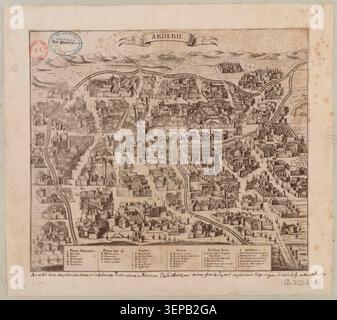 An engraved bird’s-eye city map presents Ardabil in 1700 with structured streets, surrounding landscape, and fortified urban form arranged for geographic reference and administrative understanding of the region. Stock Photo