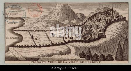 Engraving presents plans and a view of the city of Derbent in 1725, showing fortified urban layout and elevated perspective depiction of the settlement under the work of Carl von Werden. Stock Photo