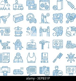 Various outline concept illustrations showing doodle style icons related to business, health, education, transport, human resources, and social themes Stock Vector