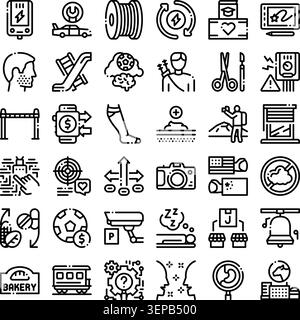 Set of diverse linear outline icons featuring symbols related to technology, health, finance, education, hobbies, travel, and everyday life activities Stock Vector