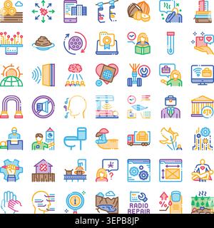 Diverse set of line art icons visualizing business, nature, technology, health, and social concepts, perfect for web, application, and infographic des Stock Vector