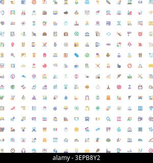 Large grid displaying a wide variety of abstract flat symbol icons covering themes such as medicine, travel, technology, food, lifestyle, and business Stock Vector