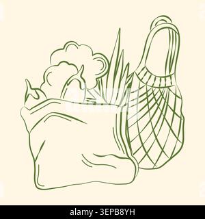 Hand-drawn vegetables purchase from the farmers market in line art sketch style for grocery shop, summer packaging, ingredients Stock Vector