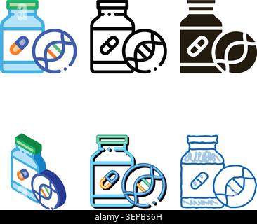 Medical Pill Bottle Biohacking Icon set Vector Thin Line. Contour Stock Vector