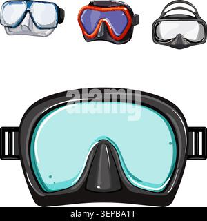 Set of colorful snorkeling and diving masks and goggles on white background, ideal for snorkeling, scuba, swimming and beach adventures, essential pro Stock Vector
