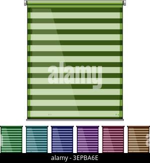 Roller blind providing adjustable light control and privacy, featuring horizontal stripes of alternating brown and beige fabric, useful for window dec Stock Vector