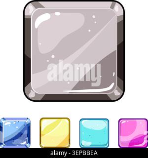 Stylized graphic user interface button elements for game development, featuring a large grey square button and four smaller versions in blue, yellow, Stock Vector