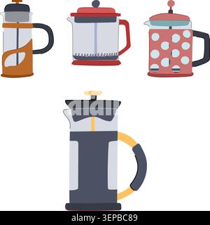 Collection of different coffee press designs, featuring glass carafes, plungers, and handles, providing various options for home brewing and enjoying Stock Vector