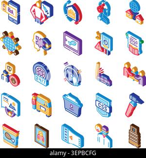 Isometric icons set showcasing diverse services and appsdigital tech, healthcare, transport, travel, food delivery and lifestyle utilities for modern Stock Vector