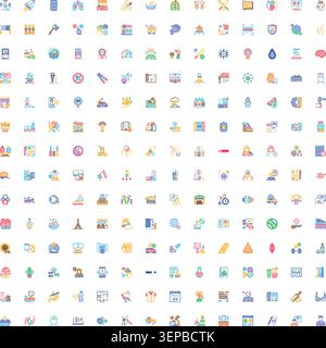 Extensive collection of colorful flat line icons covering a wide range of subjects including business, technology, health, education, travel, food, an Stock Vector