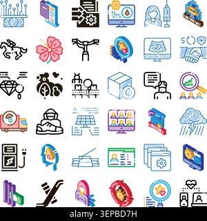 Collection of colorful flat icons on white background depicting business, finance, technology, environment, health, communication, data, production an Stock Vector
