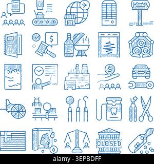 Business and industry concept with blue doodle icons for global shipping, manufacturing, finance, legal, healthcare, and services connecting market, l Stock Vector