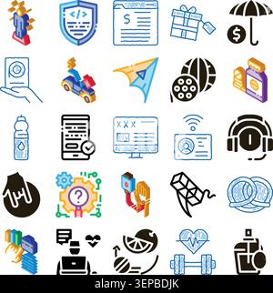 Diverse isometric icon collection with various symbols representing different concepts including technology, finance, communication, health, and parce Stock Vector