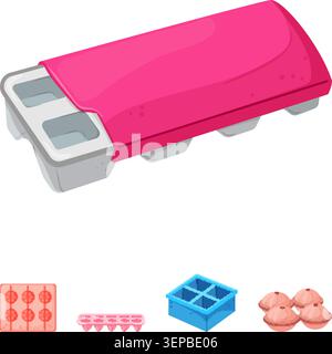Collection of colorful kitchen utensils including rubber and plastic ice cube trays in various shapes and designs, ideal for preparing cold drinks and Stock Vector