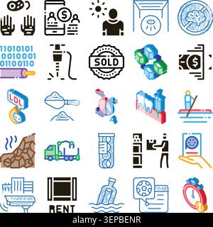 Collection of conceptual glyph and isometric icons illustrating various themes including finance, health, data, construction, logistics, and resource Stock Vector