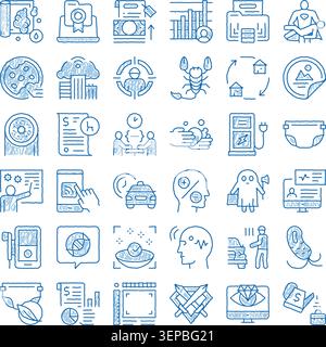 Set of hand drawn blue doodle icons illustrating various business, finance, technology, social, and everyday concepts, representing a wide range of mo Stock Vector