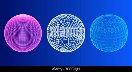 Three geometric wireframe spheres with grid patterns on blue gradient background Stock Vector