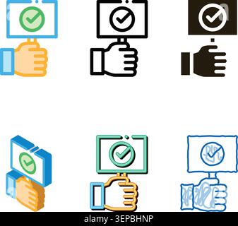 Hand Holding styles Tablet With Approved Mark Vector Icon Thin Line. Approved Sign On Document File, Protection Shield And Opened Carton Box Concept L Stock Vector