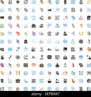 Large collection of diverse isometric and outline icons illustrating various concepts including finance, environment, health, technology, travel, and Stock Vector
