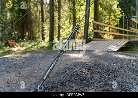 A narrow suspension bridge with metal cables and wooden decking stretches into a green woodland setting, with sunlight filtering through tall trees Stock Photo
