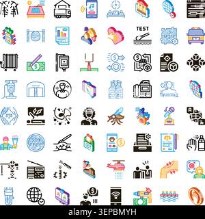 Diverse colorful vector icon set illustrating everyday concepts and servicesbusiness, tech, health, transport, finance, education, ecology and digital Stock Vector