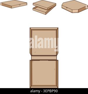 Cardboard pizza boxes displaying different shapes and configurations, including closed, open, and disassembled views, presenting packaging for takeout Stock Vector