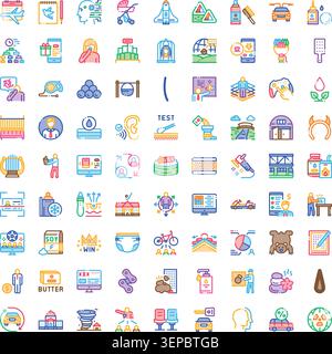 Large collection of colorful flat line icons representing diverse objects, activities and concepts for web, mobile and ui use spanning travel, health, Stock Vector