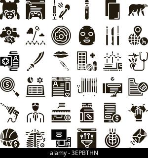 Diverse collection of glyph icons portraying a wide range of concepts including technology, healthcare, business, nature, and everyday objects, repres Stock Vector
