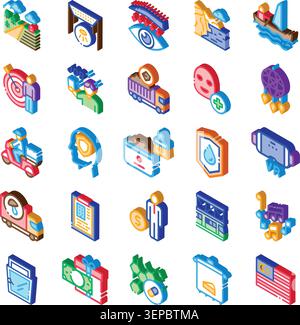 Collection of colorful isometric icons illustrating various concepts including agriculture, healthcare, technology, logistics, security, business, and Stock Vector