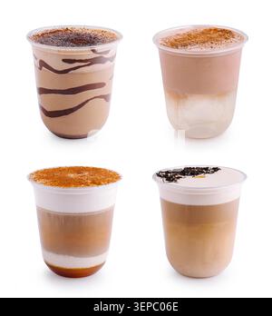 Assorted cold coffee beverages are presented on a white background. Set of takeaway layered drinks includes chocolate topping and foam. Stock Photo