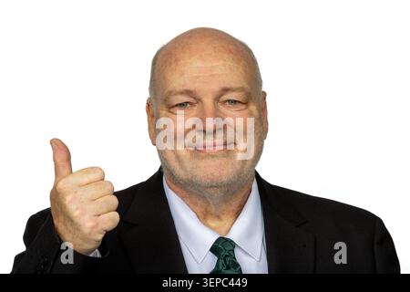 Confident Businessman Giving Thumbs Up Portrait Isolated on White Background Stock Photo