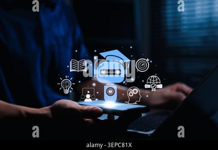 Online education and AI learning concept. student holding smartphone showing robot assistant icon. Person using artificial intelligence chatbot tech Stock Photo
