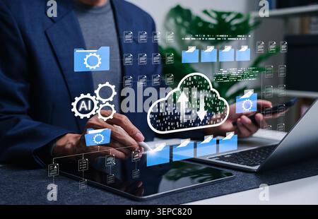 Cloud computing technology and AI document management system concept. file automation system, upload data, organize online corporate files folder, Stock Photo