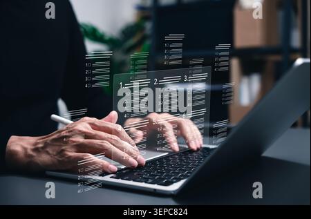 Online exam and digital questionnaire survey concept. online assessment form. Man hand typing on laptop to answer electronic checklist test, quiz, fee Stock Photo