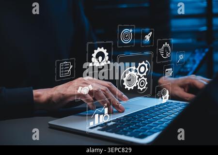 Business process automation and workflow optimization concept. gear icons, team management, KPI growth, task checklist, target planning, AI tools, Stock Photo