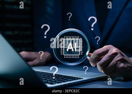 AI question analysis and artificial intelligence research concept. Person using laptop with magnifying glass, AI chip and question marks showing data Stock Photo