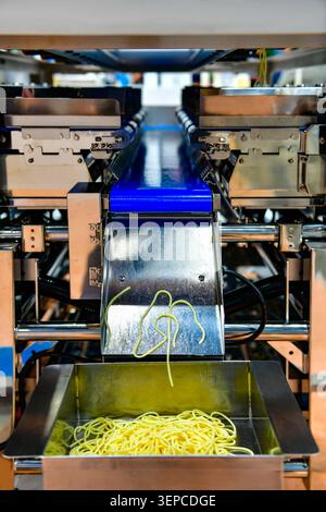 Automatic noodle making machine processing fresh yellow pasta spaghetti lines on conveyor belt Stock Photo