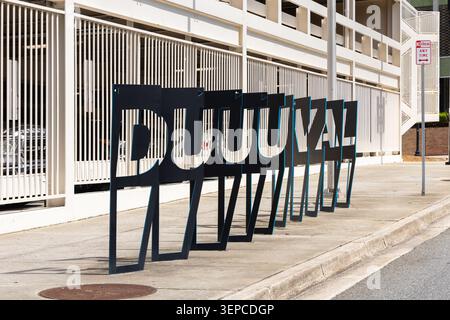 A Duuuval bike rack art piece in downtown Jacksonville that honors the popular Jacksonville Jaguars and Duval County chant. Stock Photo